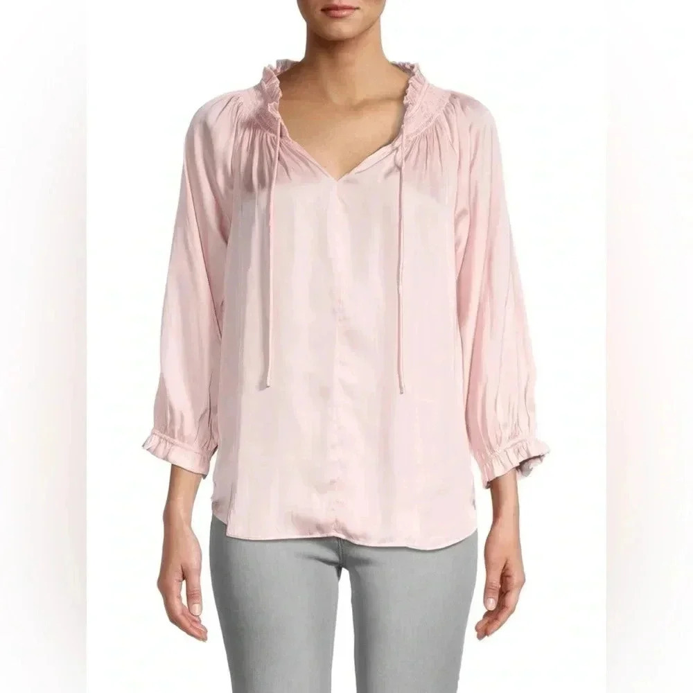 NWT CHELSEA & THEODORE Women's Tie-neck Satin Blouse in Pink Sz L